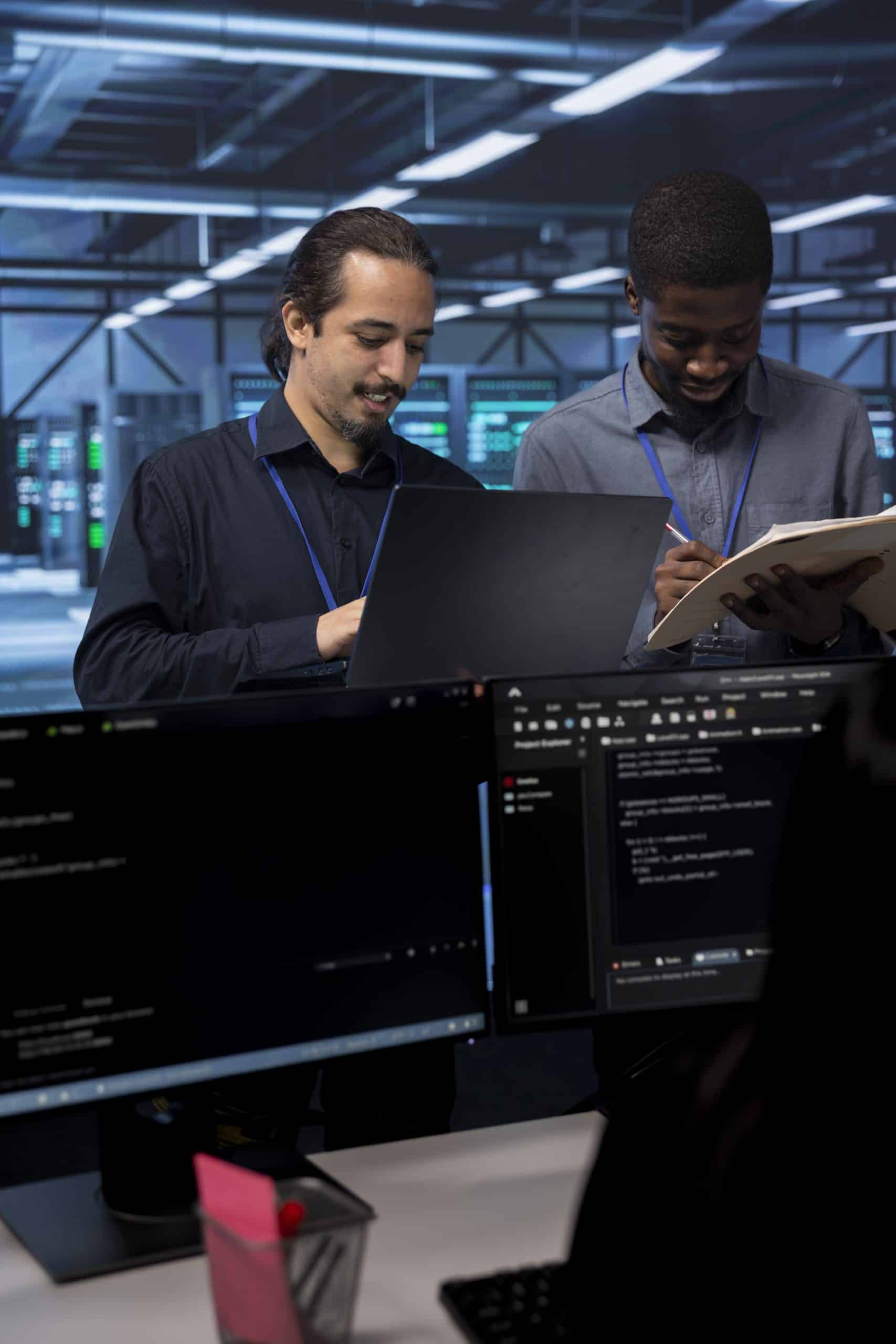Happy engineers checking for signs of imminent failure in data center equipment. Upbeat colleagues discussing ways to prevent server clusters damages, monitoring critical systems